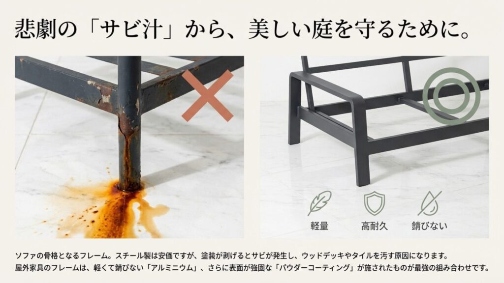 スチール製の脚から出るサビ汁の失敗例と、錆びないアルミニウムフレーム・パウダーコーティングの構造図