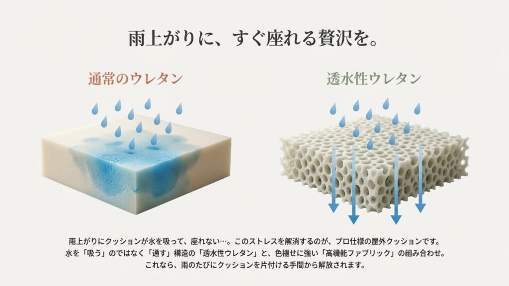 雨水を吸わずに通す透水性ウレタン（Quick Dry Foam）の断面図と雨降りのイメージ