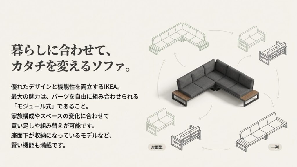 IKEAのモジュール式ソファのイラスト。対面型や一列など自由に組み替えが可能であることを示す図解