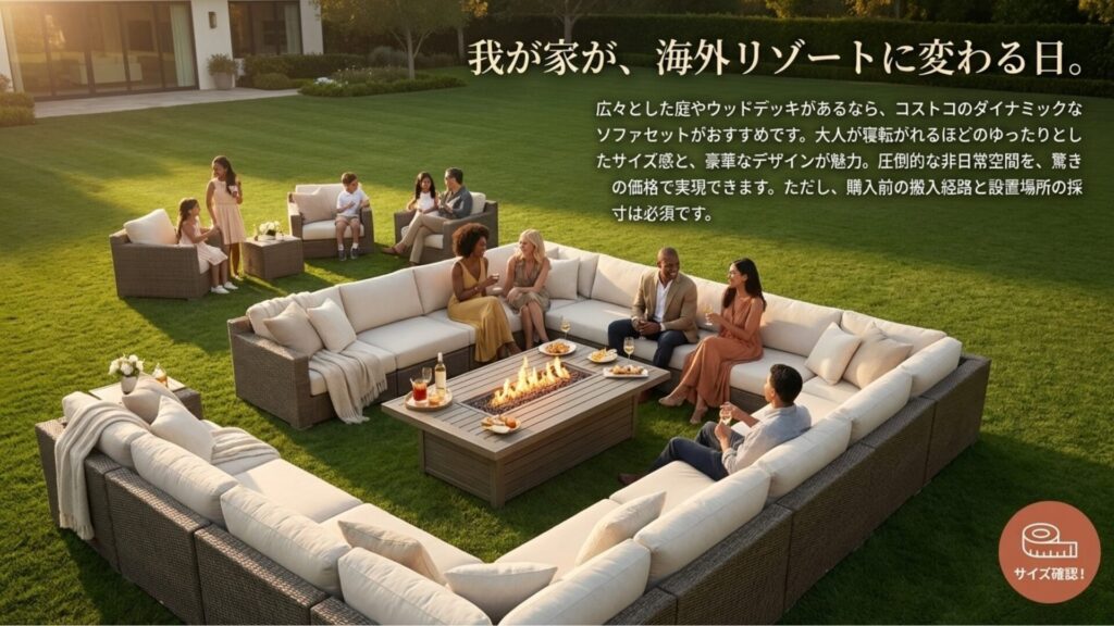 コストコの大型ソファセットのイメージと、購入前の搬入経路・設置場所のサイズ確認を促す注意書き