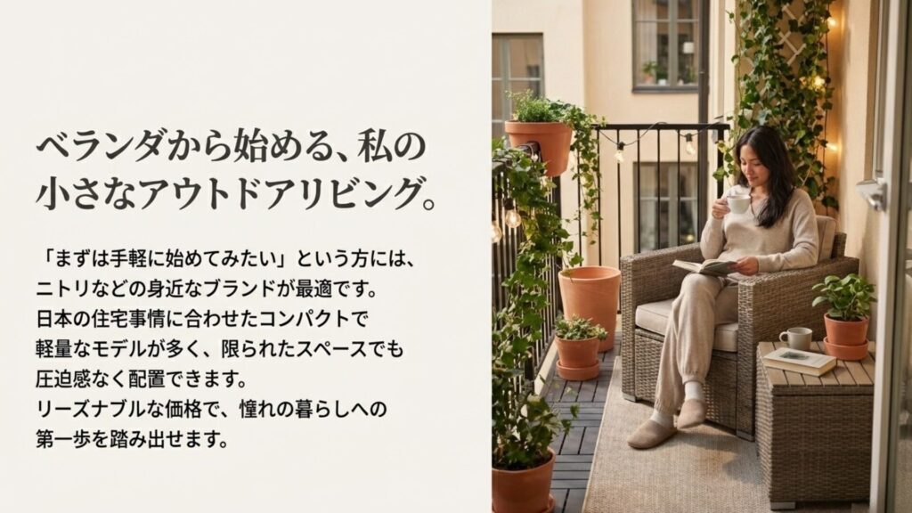 ベランダに設置されたコンパクトなアウトドアリビングのイメージ。ニトリなどの手軽なブランドの活用例