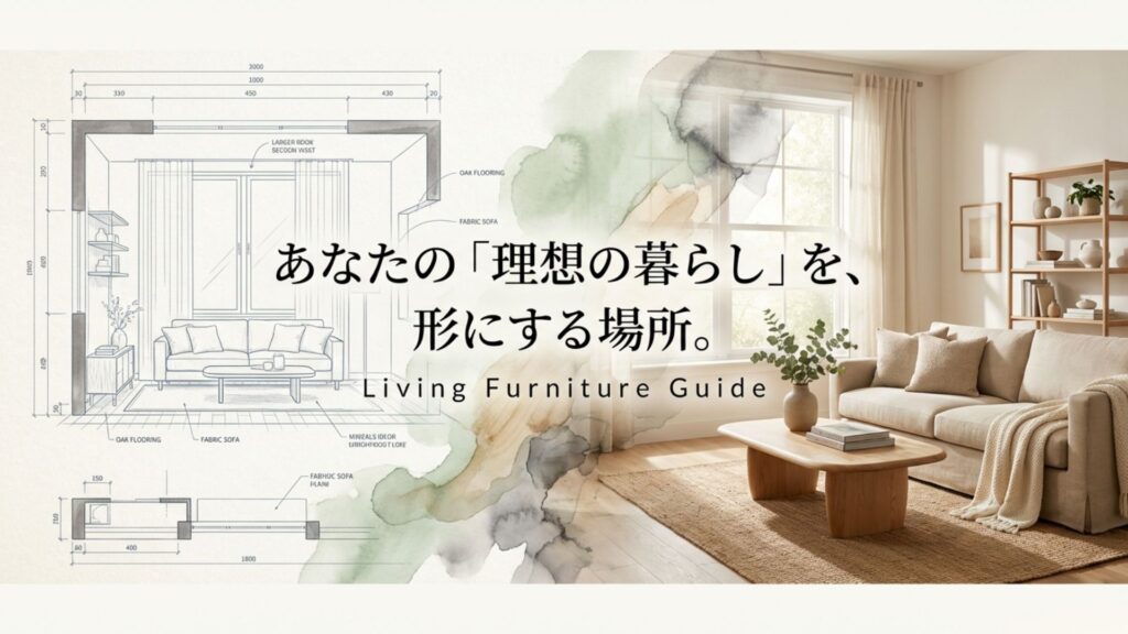 リビングの平面図と完成予想パースのイラスト。「理想の暮らしを形にする場所」というキャッチコピー。