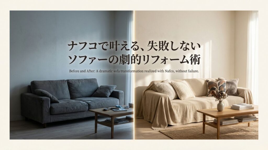 ナフコのソファーカバーで実現する、失敗しないリビングの劇的リフォームイメージ