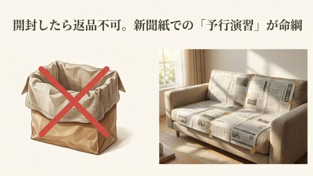 返品不可のリスクを避けるため、新聞紙を繋ぎ合わせてサイズ確認をする予行演習のイラスト