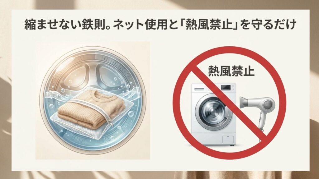 ソファーカバーを縮ませないための洗濯ネット使用と乾燥機禁止（熱風禁止）のマーク