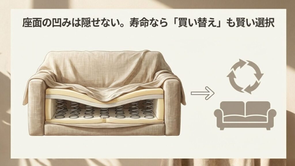 ソファー内部のスプリングが劣化して座面が凹んでいる断面図と買い替えサイクルのイメージ