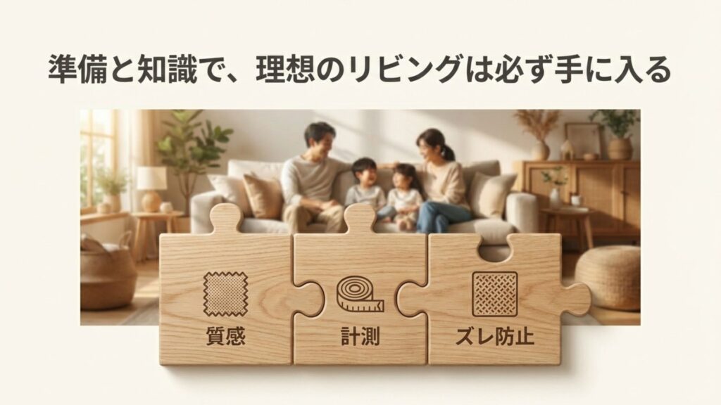 理想のリビングを作るための3つのピース（質感、計測、ズレ防止）を表したパズル