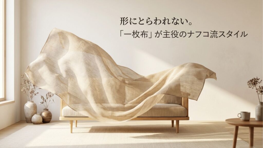 ソファーの形状にとらわれず一枚布を掛けるだけのナフコ流マルチカバースタイル