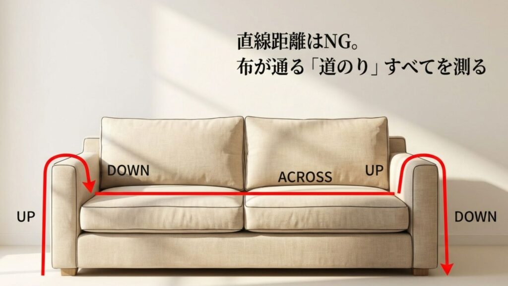 ソファーカバーのサイズ選びで失敗しないための計測箇所（座面だけでなく肘掛けや背面を含む道のり）