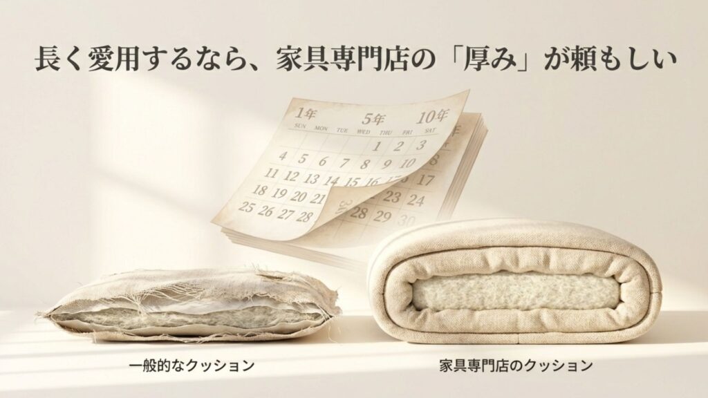 一般的な格安カバーと家具専門店の厚手カバーの耐久性の違いを表す経年変化のイメージ