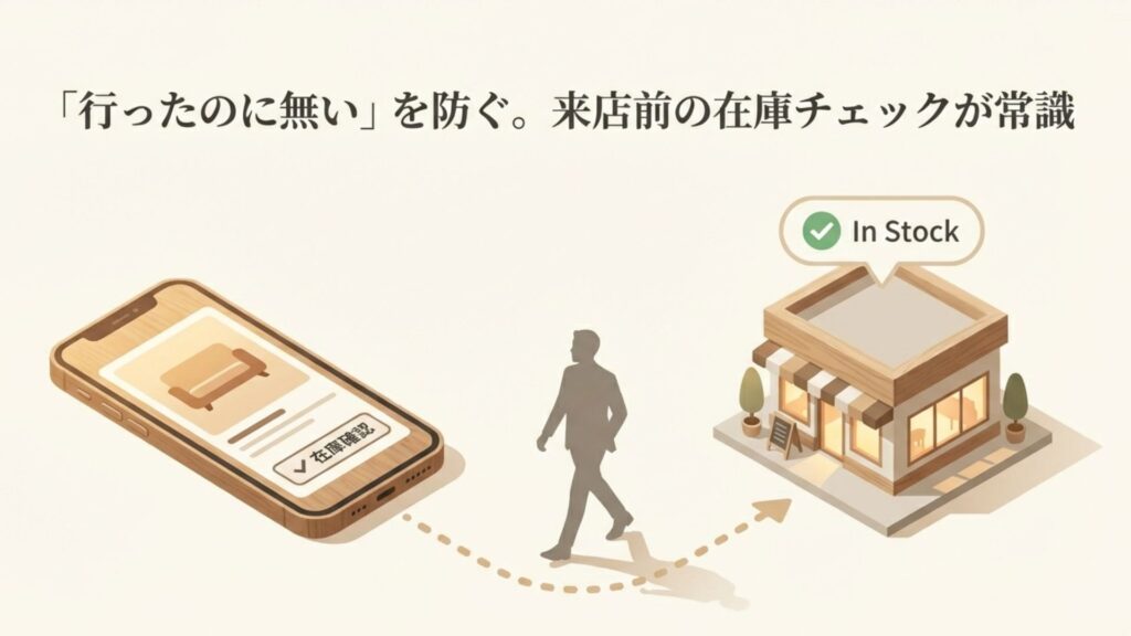 スマートフォンを使って来店前にナフコ店舗の在庫状況を確認するイラスト