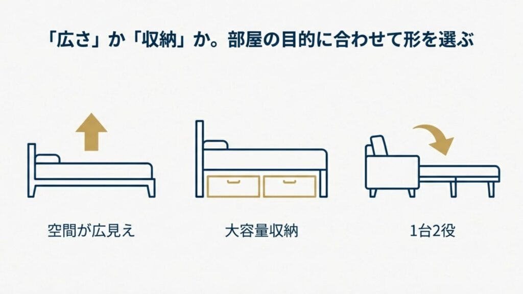 部屋を広く見せるローベッド、収納重視のロフトベッド、1台2役のソファベッドの特徴を示すアイコン