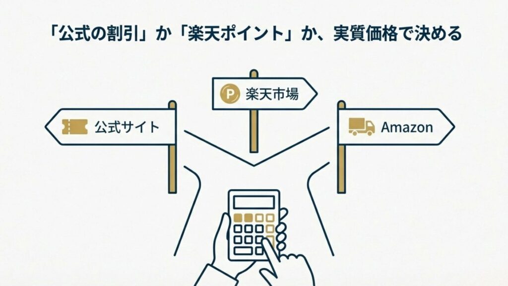 公式サイトの割引、楽天市場のポイント還元、Amazonの利便性を比較し、実質価格で選ぶ重要性を説く図