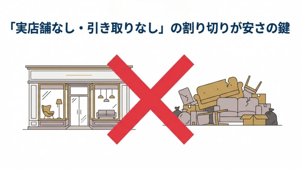 実店舗を持たず、古い家具の引き取りサービスも行わない割り切りが安さの鍵であることを説明するスライド
