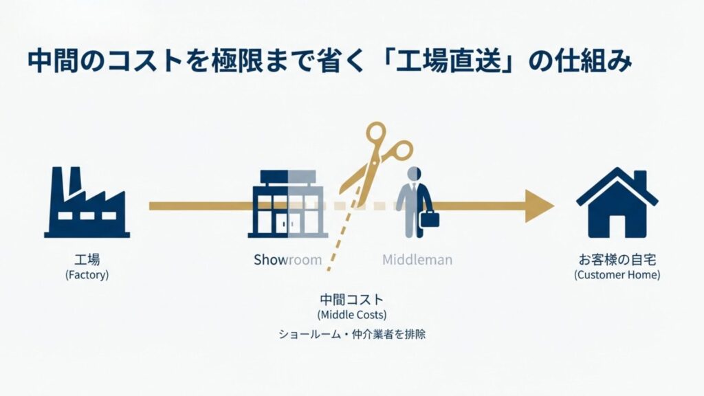 工場からショールームや仲介業者を通さずにお客様の自宅へ直送し、中間コストを削減するD2Cモデルの図解