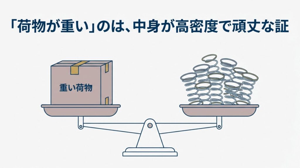 届いた荷物が重いことは、マットレス内部に高密度のコイルが詰まっており頑丈であることの証明であることを示す天秤のイラスト