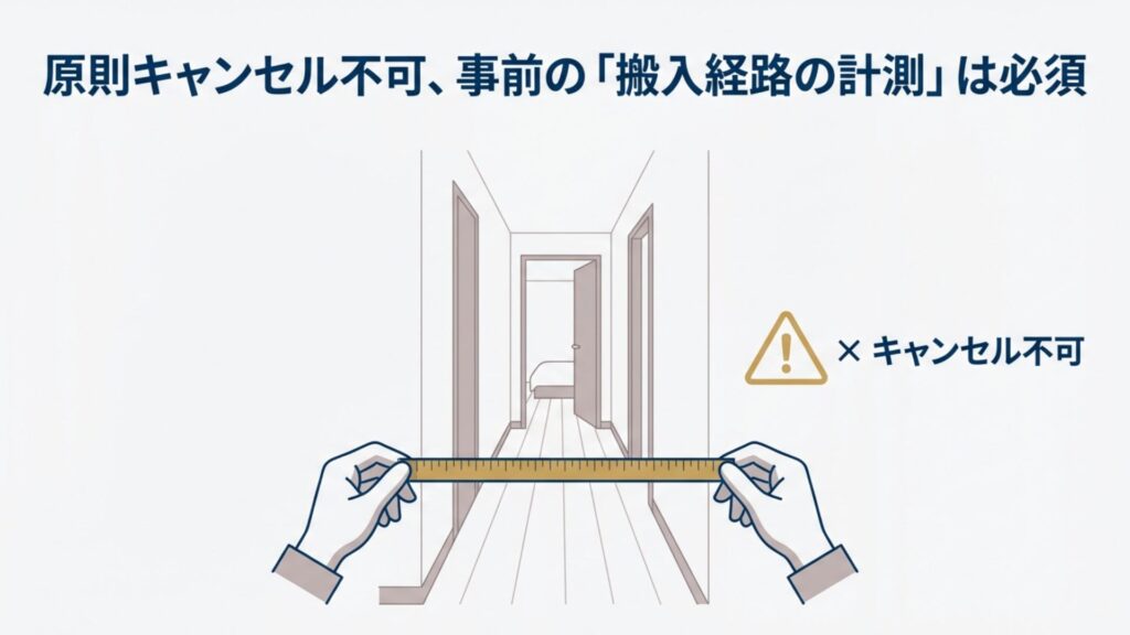 廊下の搬入経路をメジャーで計測する様子と、原則キャンセル不可であることへの注意喚起イラスト