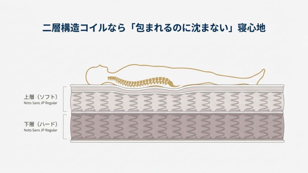 上層のソフトなコイルと下層のハードなコイルを組み合わせた、2層構造ポケットコイルマットレスの断面図解