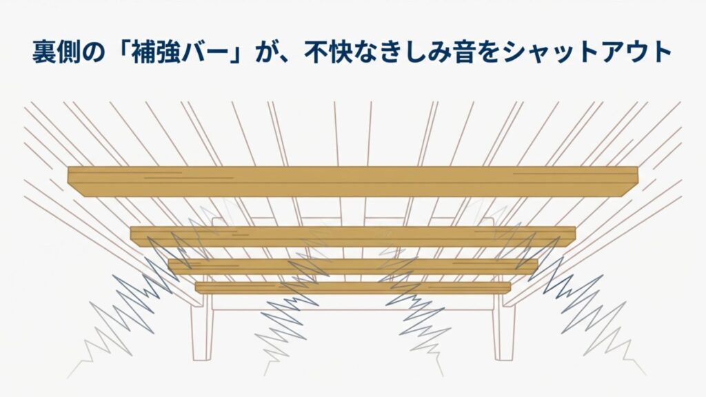 すのこベッドの裏側に配置された補強バーが、不快なきしみ音をシャットアウトする構造を示した図