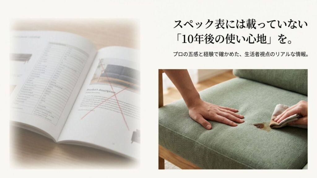 ソファのファブリックを指で触れて質感を確かめる様子と、汚れを拭き取ってメンテナンス性を検証している写真。