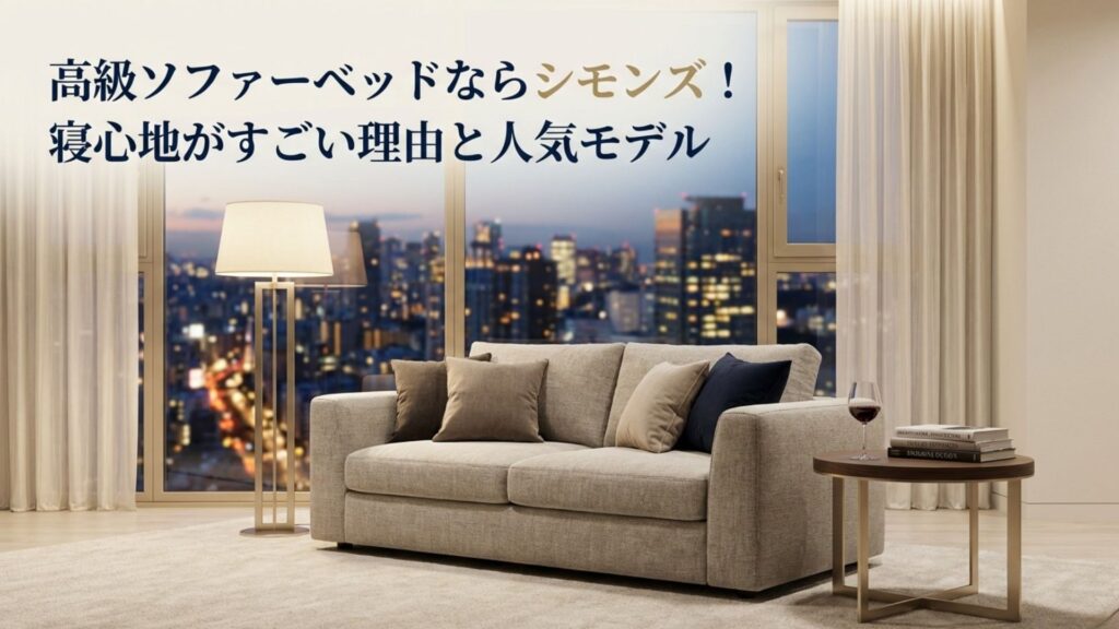 シモンズの高級ソファーベッドが並び、高級ホテルのような寝心地をイメージさせるアイキャッチ画像