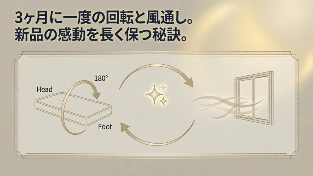 3ヶ月に一度の180度ローテーションと風通しによるメンテナンス方法の図解