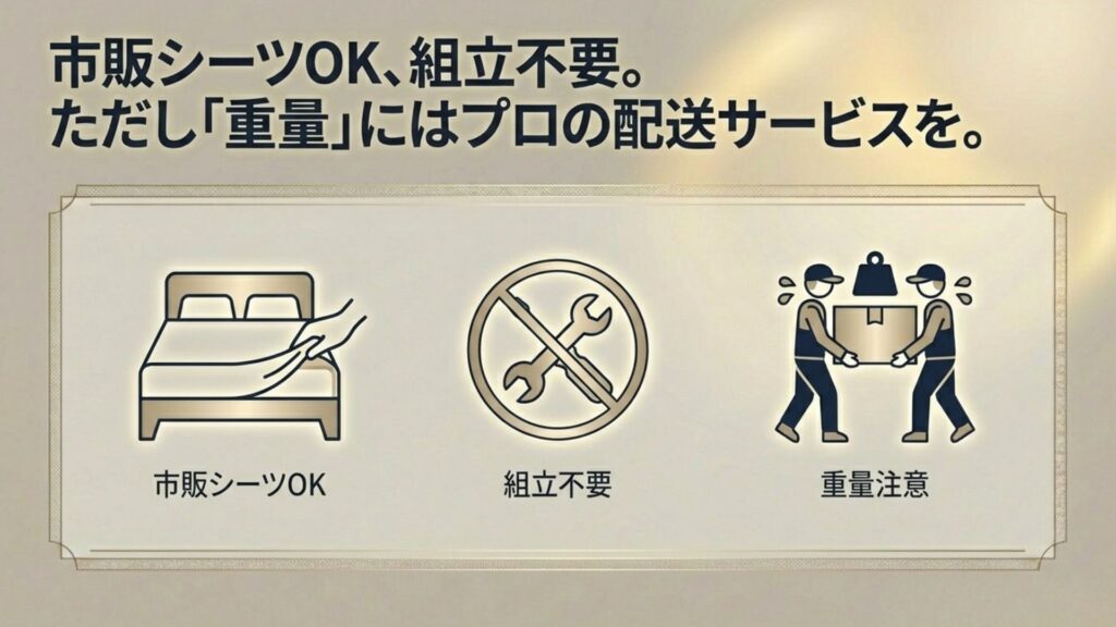 市販シーツの使用が可能であること、組み立て不要だが重量があるため配送サービスが推奨されることを示すアイコン