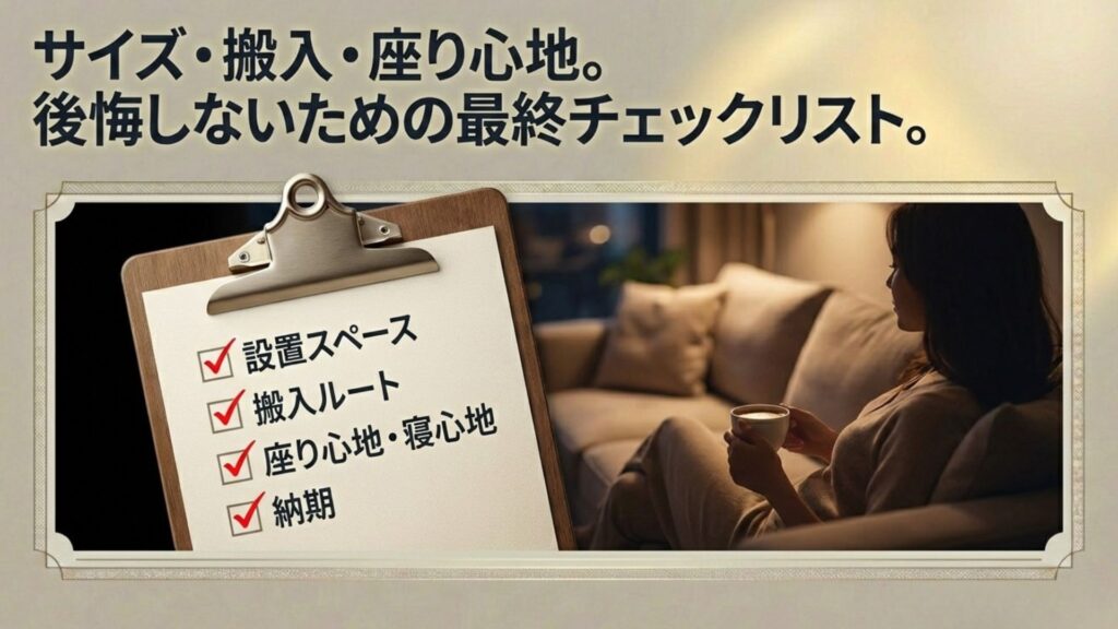 設置スペース、搬入ルート、寝心地、納期の4項目をチェックする最終確認リスト