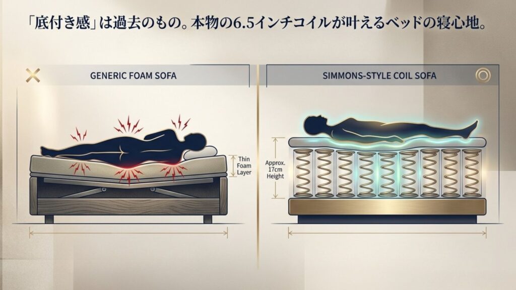 一般的なウレタン製ソファとシモンズのポケットコイル構造を比較した図解。17cmの高さがあるコイルが体を支える様子