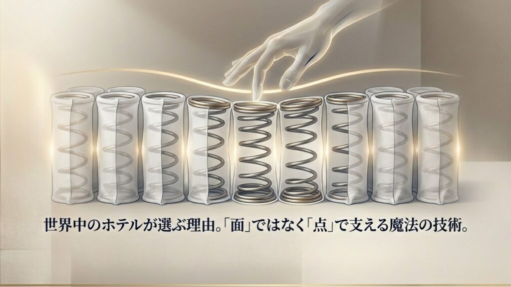 独立したポケットコイルが体のラインに合わせて「点」で支え、横揺れを防ぐ仕組みの解説図
