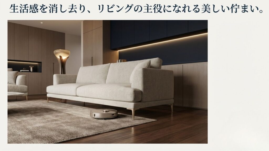 スタイリッシュなリビングに置かれた、お掃除ロボットが下を通れる脚付きのモダンなシモンズ製ソファ