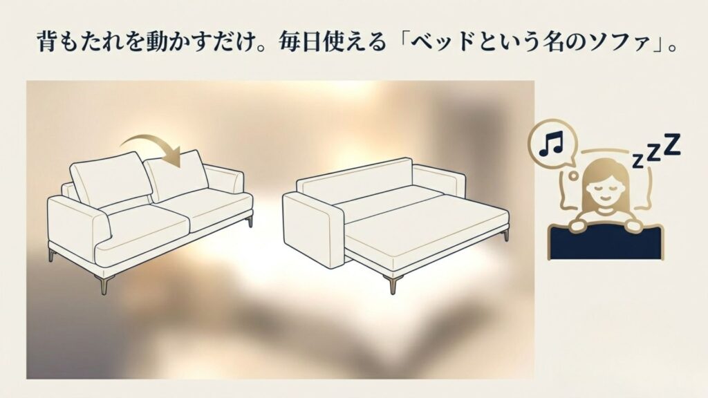背もたれを動かすだけで簡単にソファからベッドに切り替えられるポケットダブルスの操作イメージ