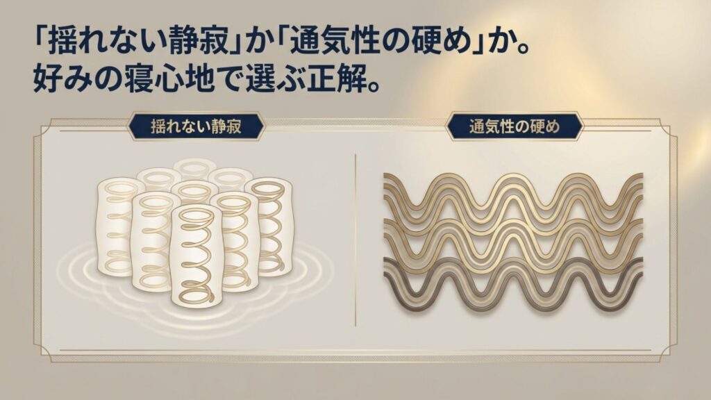 「揺れない静寂」のシモンズと「通気性の硬め」のフランスベッド、好みに合わせた選び方の比較図