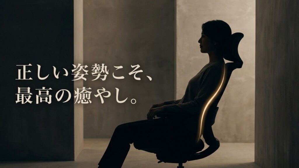 腰への負担を軽減する人間工学に基づいた正しい姿勢と癒やしに関するスライド