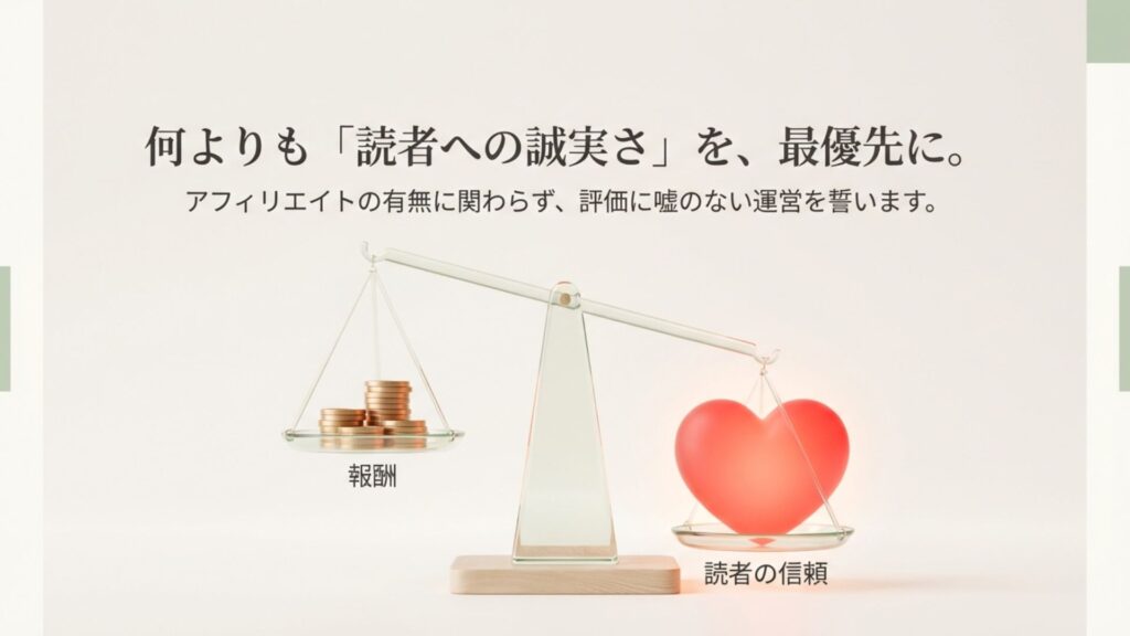 天秤にかけられた「金銭的報酬」と「読者の信頼」。読者の信頼のほうが重く、優先されていることを示す図。