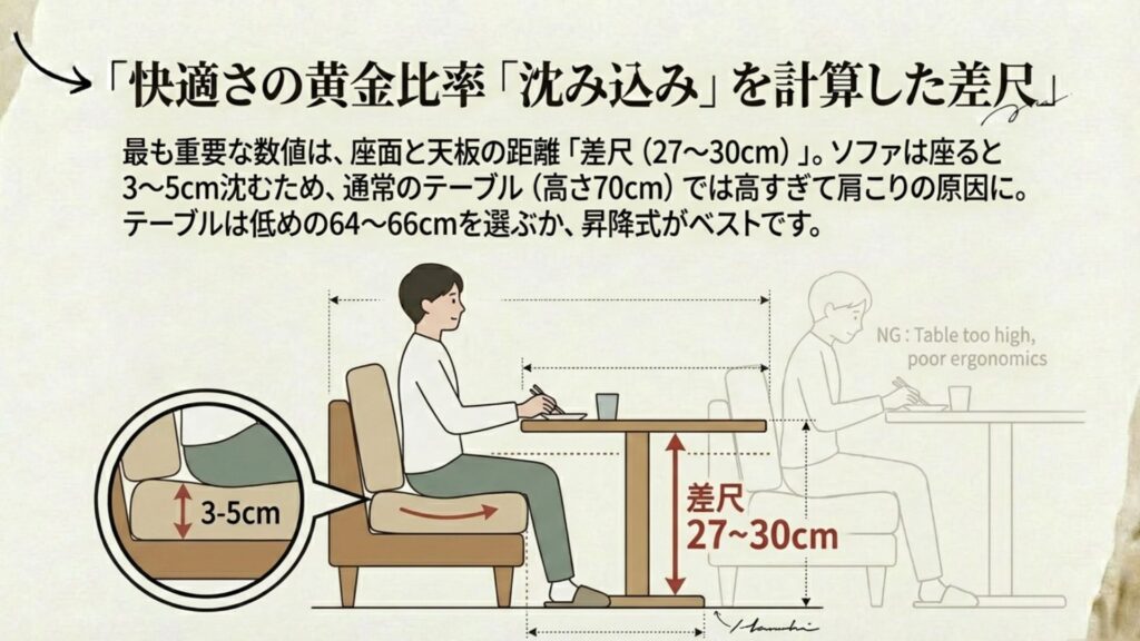 ソファの沈み込みを考慮したテーブルと座面の最適な差尺（27-30cm）の解説図