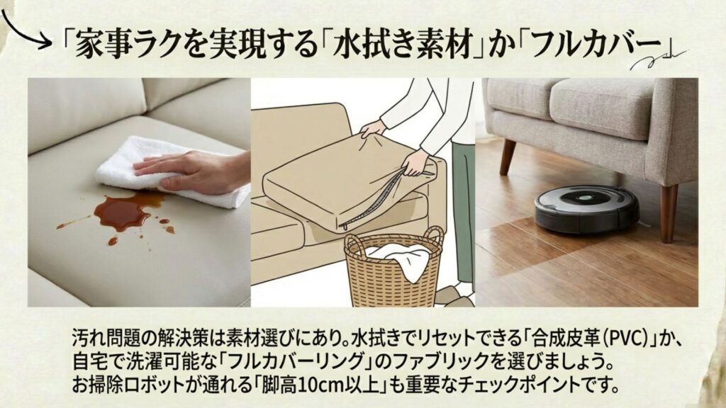 メンテナンスしやすい合成皮革やフルカバー素材とお掃除ロボット対応の脚高の説明