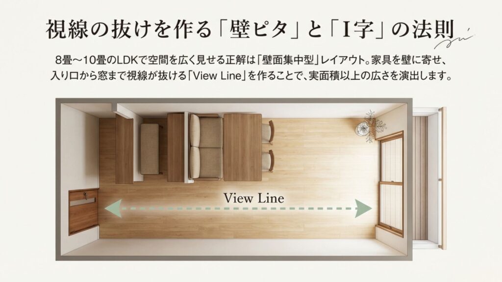 8畳LDKで視線の抜け（View Line）を作る壁面集中型レイアウトの図解
