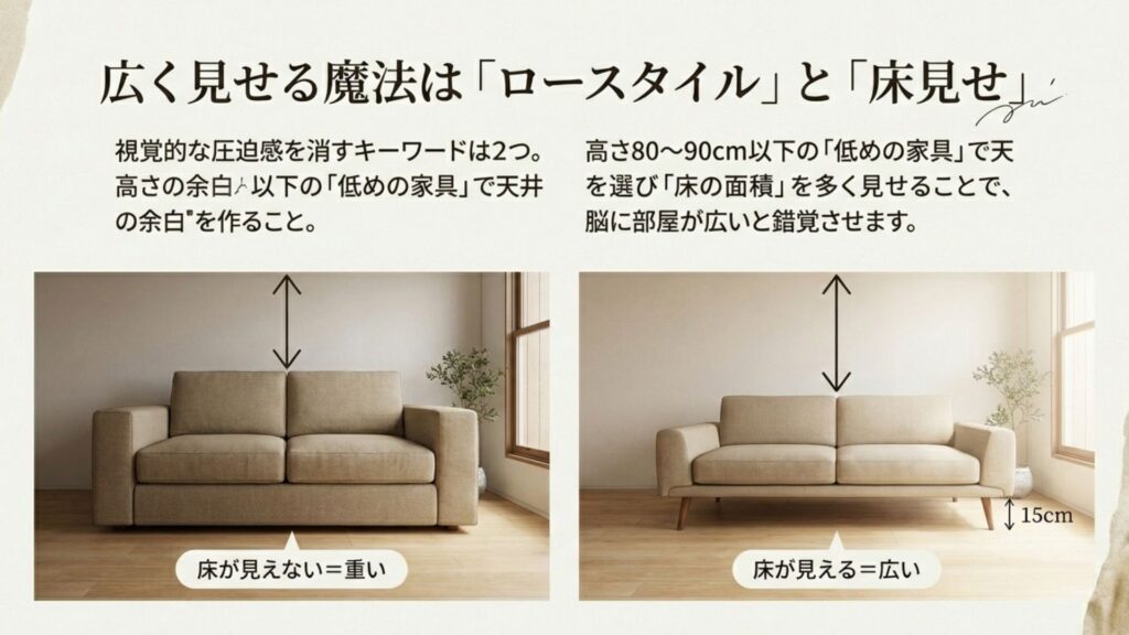 部屋を広く見せるロースタイル家具と床面の視覚効果（床見せ）の解説図