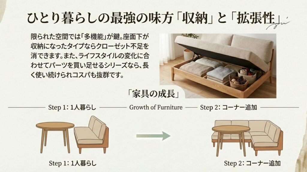 一人暮らしに便利な座面下収納付きソファと拡張可能な家具の成長図