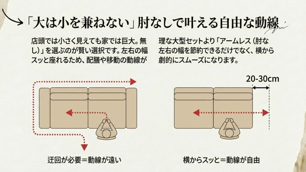 アームレスソファ（肘なし）を選ぶことで確保できる動線と省スペース効果の比較