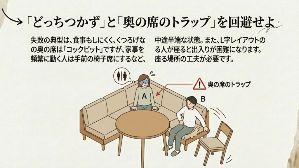 L字型ソファダイニングの奥の席が出入り困難になるトラップ現象のイラスト