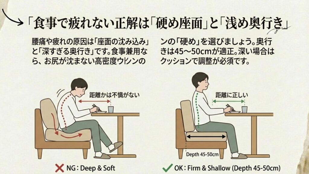 食事で疲れないためのソファの硬さと奥行きの正解（45-50cm）を示す図解