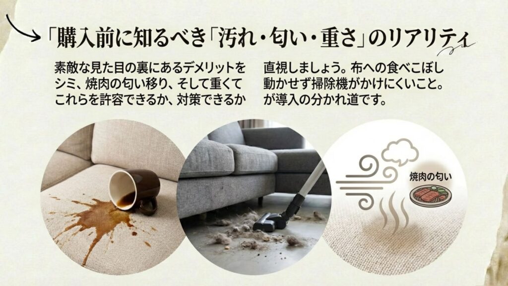 ファブリックソファの汚れ、匂い移り、重さによる掃除のしにくさのデメリット図