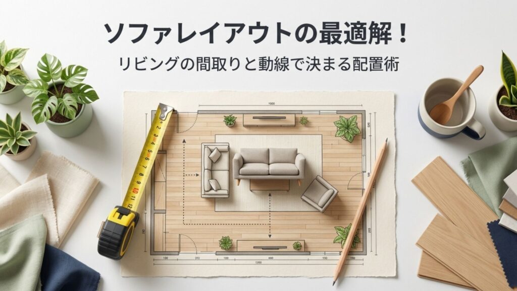 ソファレイアウトの最適解。リビングの間取りと動線で決まる配置術のタイトルとメジャーや鉛筆などの配置計画イメージ