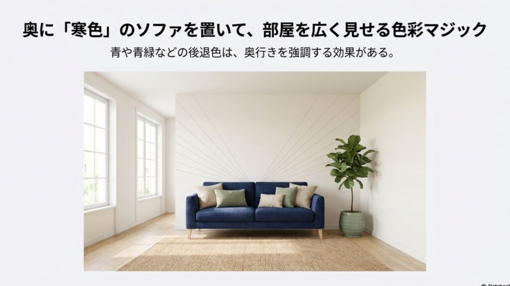 色彩効果を使った配置テクニック。部屋の奥に寒色系のソファを置くことで、後退色の効果により奥行きを感じさせる方法