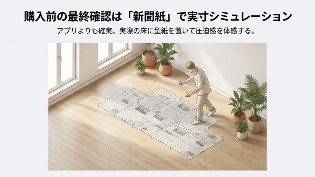 ソファ購入前のサイズ確認方法。床に新聞紙を敷いて実寸大のスペースと動線をシミュレーションしている様子