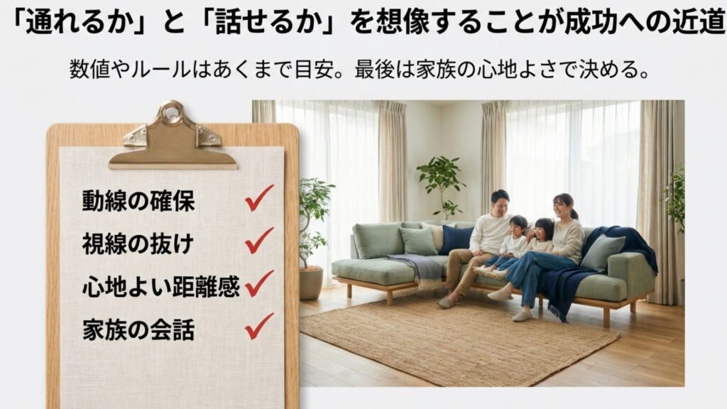 快適なソファレイアウトのチェックリスト。動線の確保、視線の抜け、心地よい距離感、家族の会話の4項目を確認