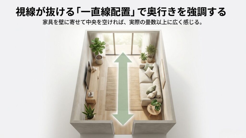 縦長リビングの配置図。入り口から奥の窓まで視線が抜ける一直線配置により、奥行きを強調して広く見せるテクニック
