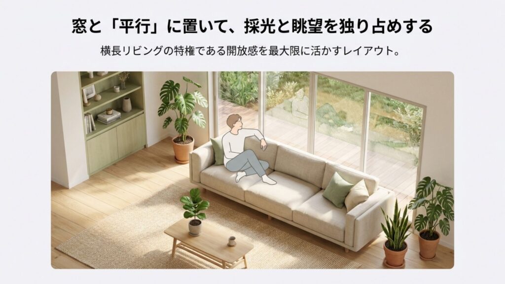 横長リビングのソファ配置図。窓と平行にソファを置き、採光と庭の眺望を楽しむ開放的なレイアウト